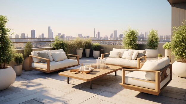 A patio with couches tables and potted plants