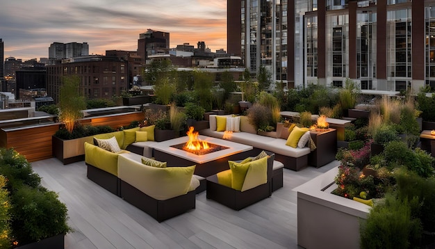 Photo a patio with a fire pit and a fire pit