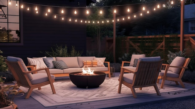 A patio with a fire pit and a string of string lights hanging from the ceiling.