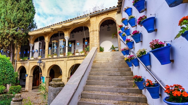 Внутренний дворик с цветочными горшками и лестницей к галереям с арочными дверями Кордова