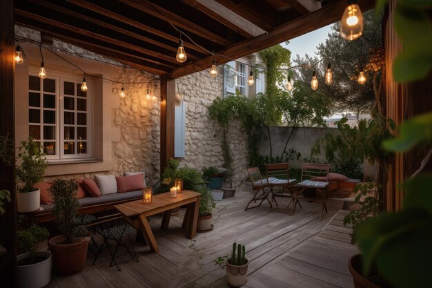 Patio with grill lounge chairs and lanterns for sunny summer evening