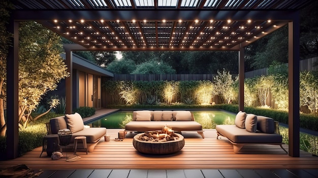 A patio with a pergola and a fire pit.