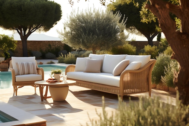 A patio with a pool in the background