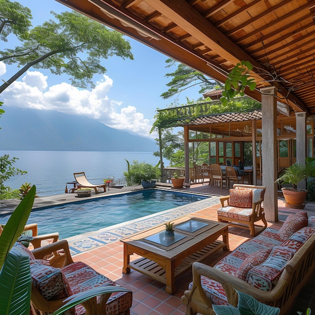 A patio with a pool and a lounge chair