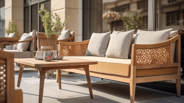 A patio with a table and chairs and a coffee table