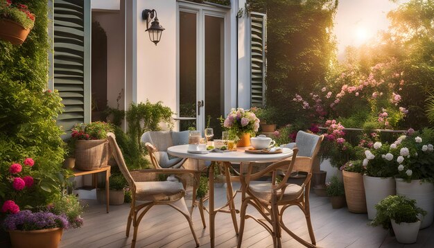 a patio with a table and chairs and flowers