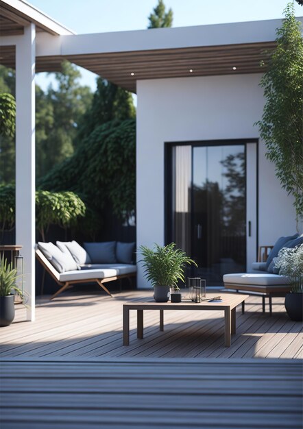 A patio with a table and chairs on it