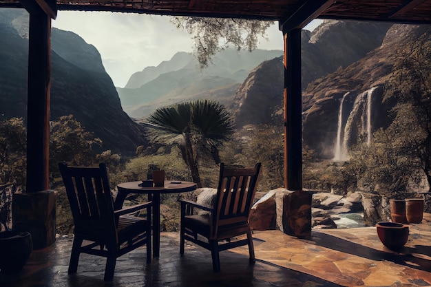 Patio with view of mountains and a waterfall in the background created with generative ai