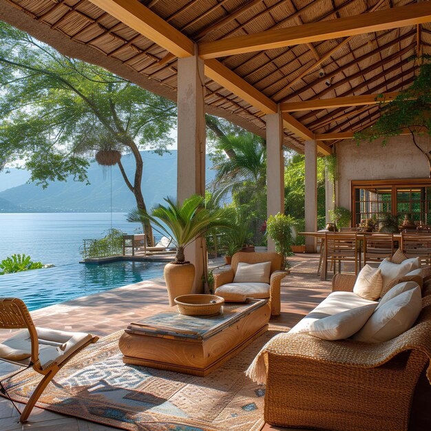 A patio with a view of the ocean