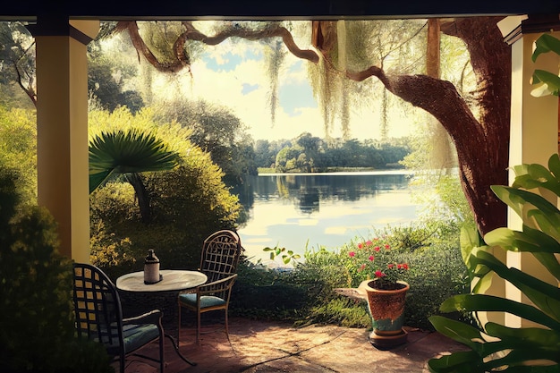 Patio with view of peaceful lake surrounded by lush greenery created with generative ai