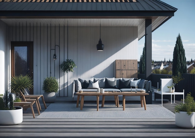 A patio with a white sofa and a white chair on the porch.