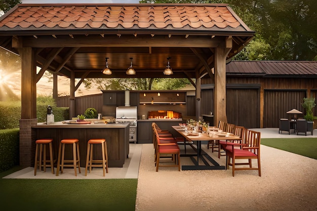 A patio with a wood gazebo and a grill with a wood roof