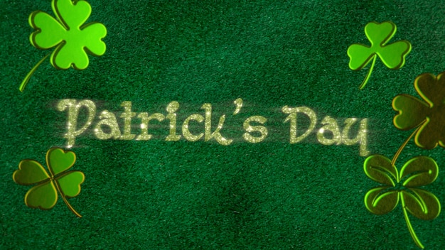 Patrick day text and small green shamrocks on saint patrick day\
shiny background. luxury and elegant 3d illustration style for\
holiday theme