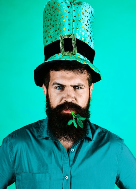 Patricks day man serious man in green hat with clover in mouth bearded man in top green hat ireland