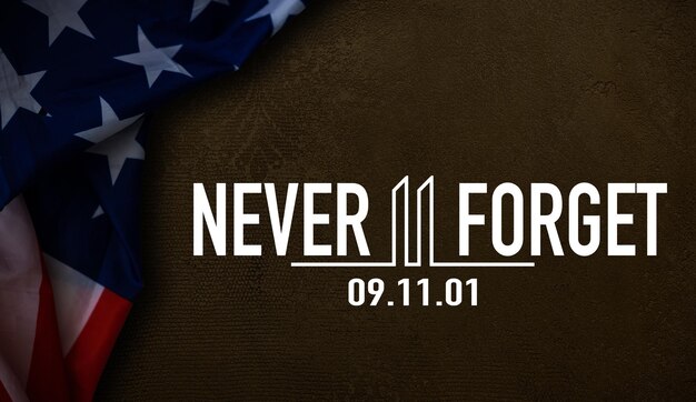 Patrioot dag typografisch embleem. 9-11 logo, We Will Never Forget. illustratie. 11 september. Ontwerp voor postkaart, flyer, poster, banner of t-shirt. Hoogwaardige foto