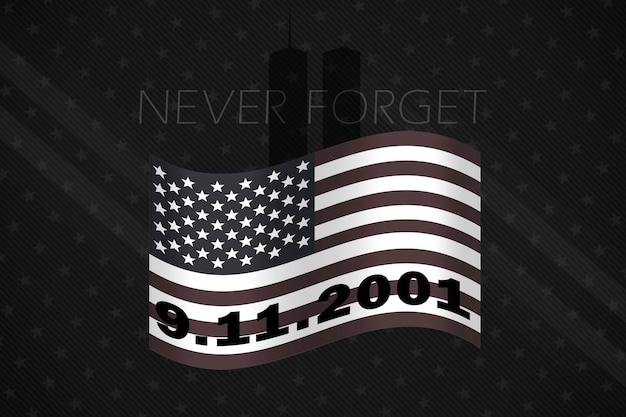 Patriot dag banner met New York skyline Amerikaanse vlag en tekst vergeet nooit 11 september 2001