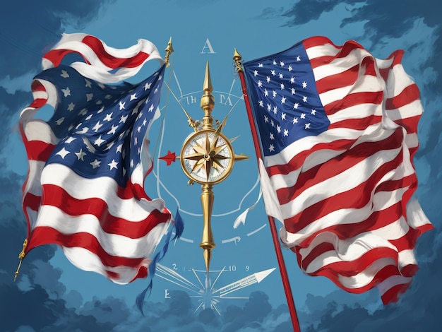 Patriotic Adventure Two USA Flags and Compass on Blue Background