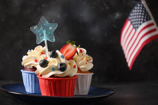 Patriotic American cupcake with decorations and USA flag