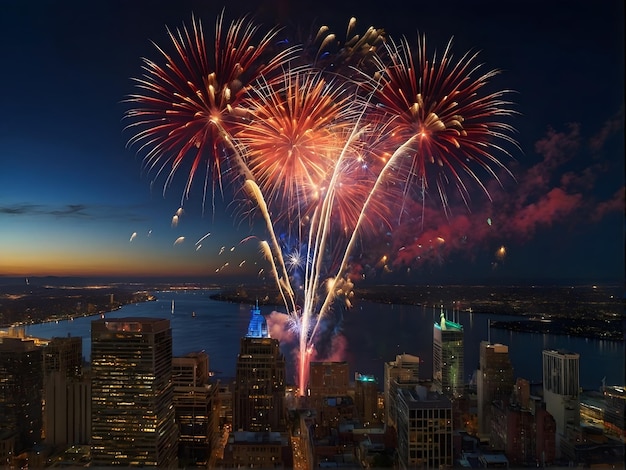 A patriotic atmosphere with fireworks and US flag in front of city skyline