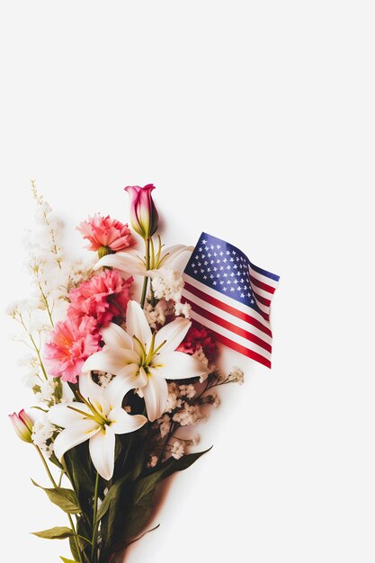 コピー スペースと白い背景に愛国心が咲く鮮やかなアメリカ国旗の色の花