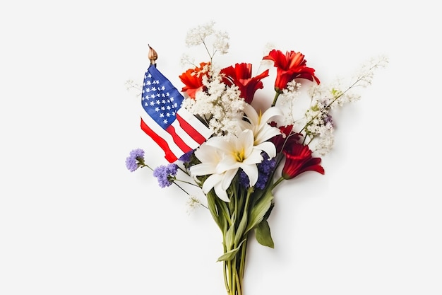 Patriotic Blooms Vibrant American Flag Color Flowers on a White Background with Copy Space