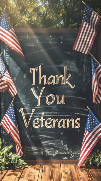 Photo patriotic chalkboard with american flags for memorial day or veterans day