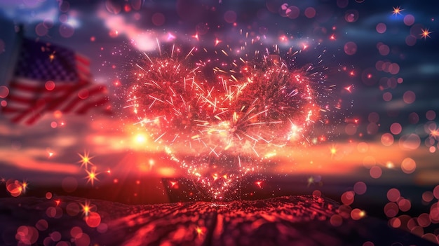 A patriotic display of fireworks bursting in the sky in the shape of a heart with the American flag