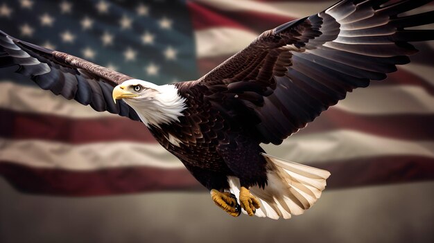 Photo patriotic eagle taking wing in front of us flag illustrator ai generative