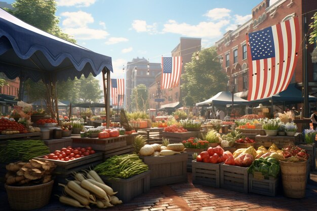 Photo patriotic farmers market scene with vendors generative ai