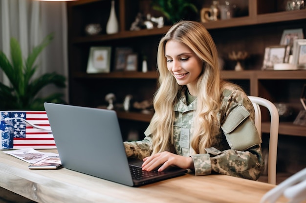 Patriotic female soldier video chatting with her family on a laptop