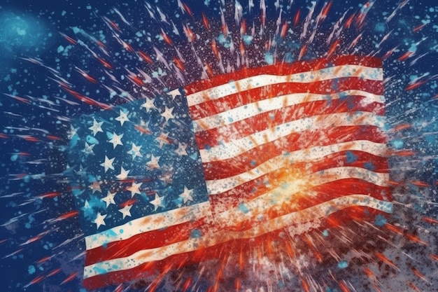 A patriotic flag with fireworks in the background