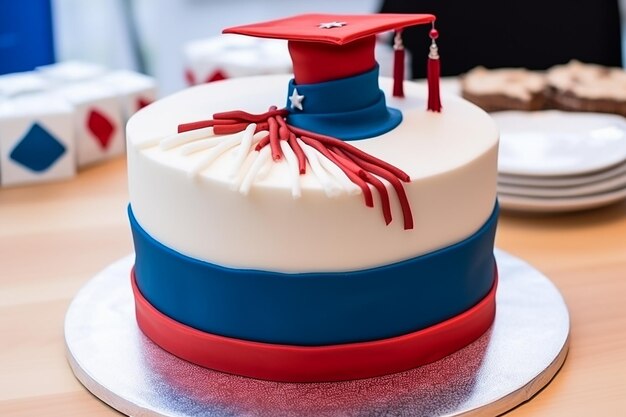 Photo patriotic graduation cake in national flag colors with graduate hat decorations