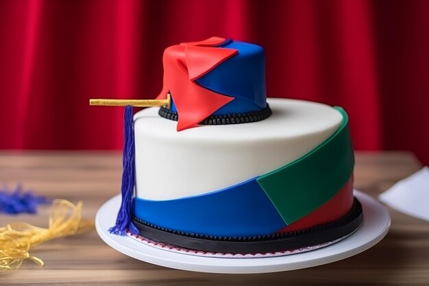 Patriotic Graduation Cake in National Flag Colors with Graduate Hat Decorations