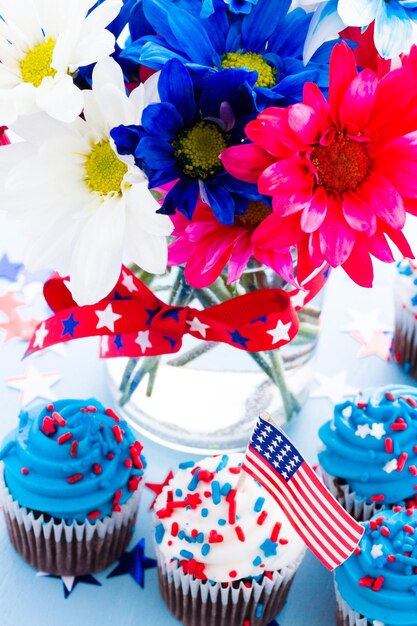 Patriotic holiday cupcakes decorated for july 4th.