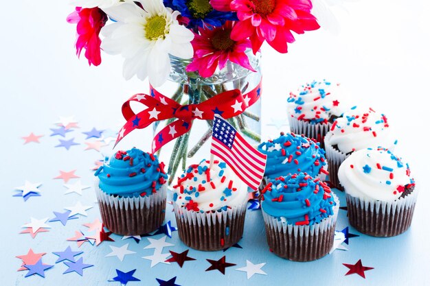 Patriotic holiday cupcakes decorated for july 4th.