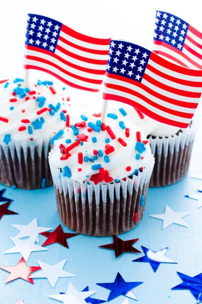 Patriotic holiday cupcakes decorated for july 4th.