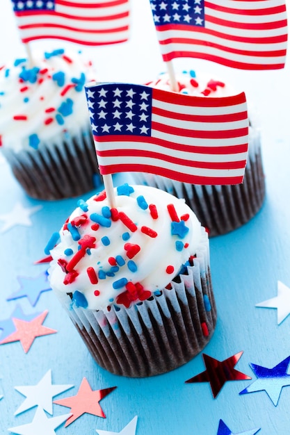 Patriotic holiday cupcakes decorated for july 4th.