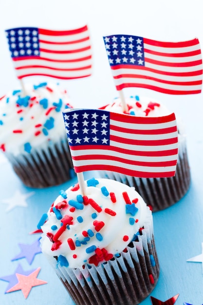 Patriotic holiday cupcakes decorated for july 4th.