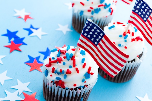 Patriotic holiday cupcakes decorated for july 4th.