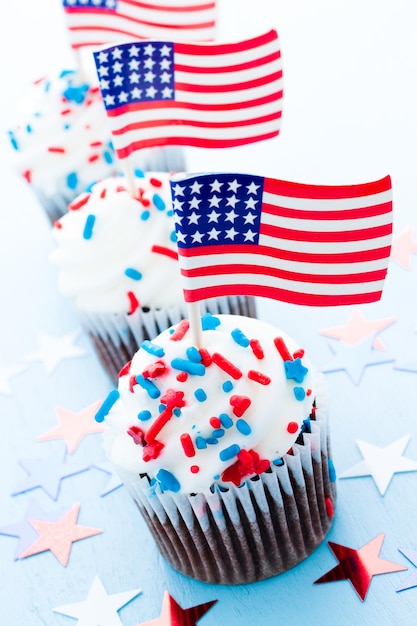 Patriotic holiday cupcakes decorated for july 4th.