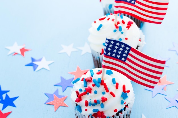 Patriotic holiday cupcakes decorated for july 4th.