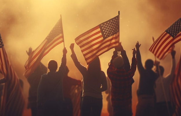 Патриотический праздник Силуэты людей, держащих флаг США Америка празднует 4 июля Generative Ai