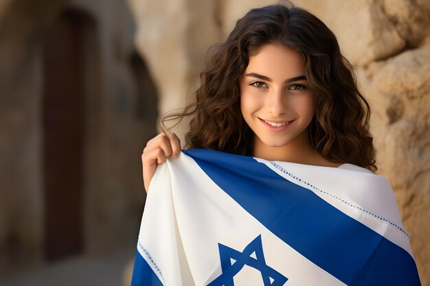 Patriotic jewish young girl with flag of Israel