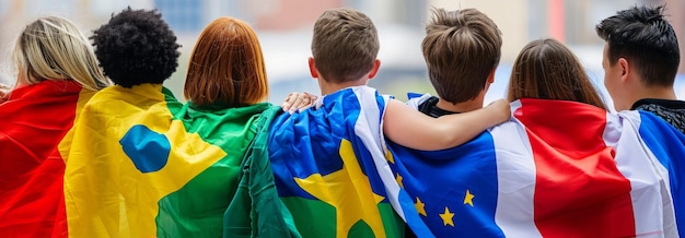 Patriotic people wrapped in international flags to show unity during times of political crisis