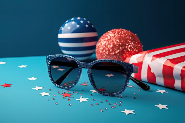 Patriotic postcard with sunglasses and flag usa on dark background independence day space for text