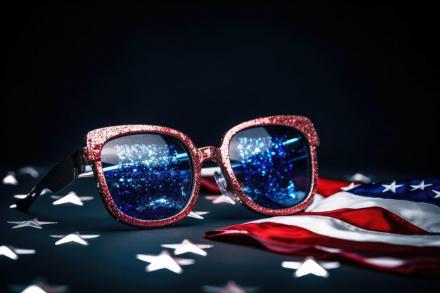 어두운 배경 독립 기념일 텍스트에 대 한 공간에 선글라스와 플래그 미국 애국 엽서
