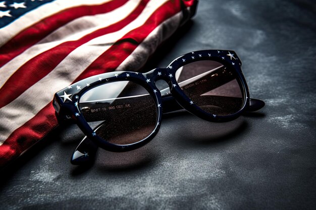 Patriotic postcard with sunglasses and flag usa on dark background Independence day Space for text