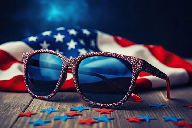 Patriotic postcard with sunglasses and flag usa on dark background Independence day Space for text