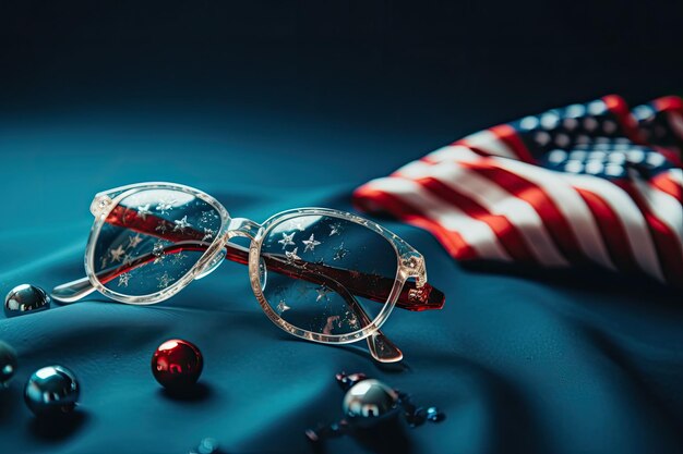 Photo patriotic postcard with sunglasses and flag usa on dark background independence day space for text