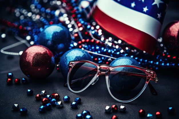 Patriotic postcard with sunglasses and some decor in colors of flag usa independence day